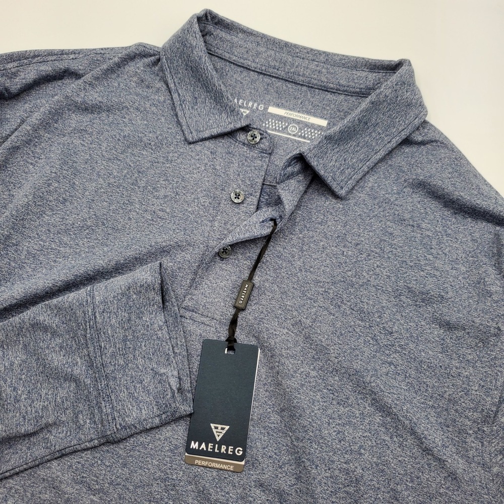 Maelreg Performance Mens Long Sleeve Polo Shirt Blue Heathered 2XL New